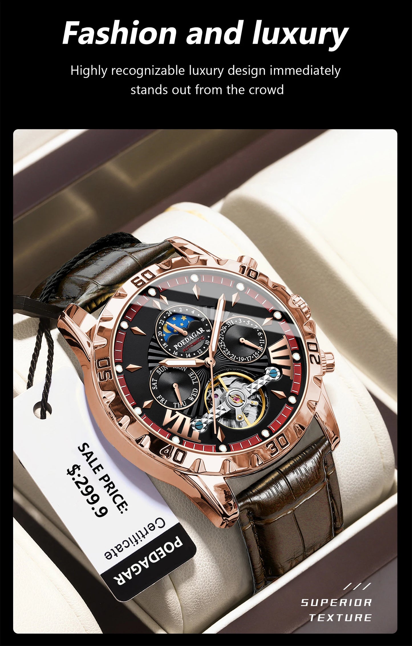 POEDAGAR Luxury Automatic Mechanical Wristwatch Waterproof Luminous Date Week Tourbillon Leather Men Watch Men's Fashion Watches