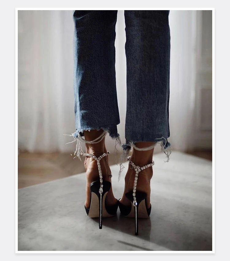 2025 New Mesh Hot Drilled Sexy Versatile Pointed Shallow Mouth Water Diamond Chain High Heels Baotou Sandals for Women