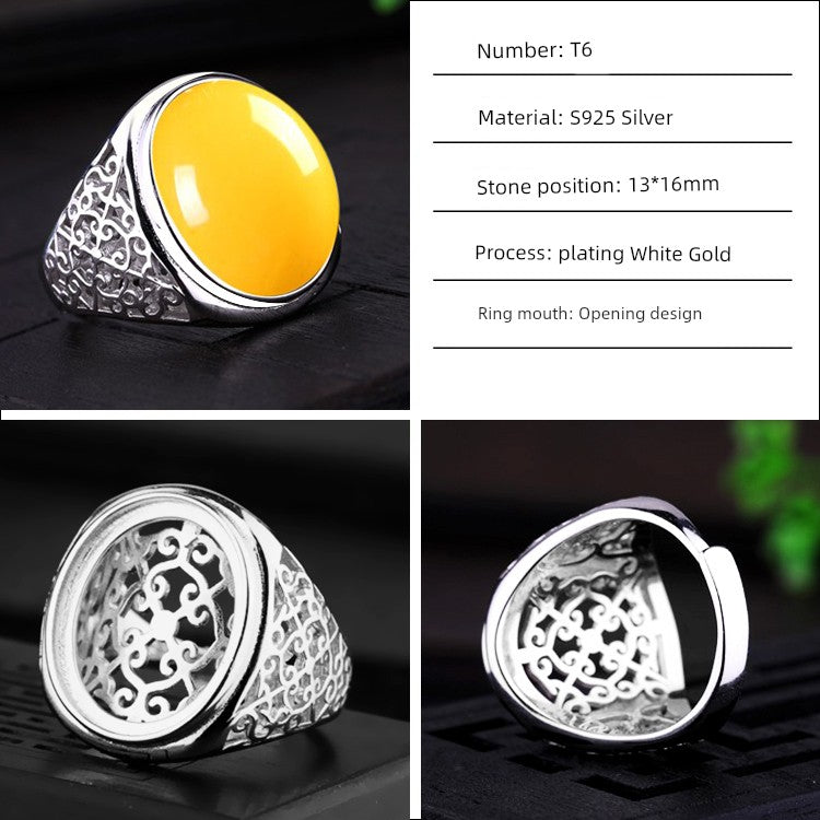 S925 Sterling Silver Ring Frame DIY Inlaid Beeswax Turquoise Amber South Red Ring Gem Opening Men Square Ring Setting