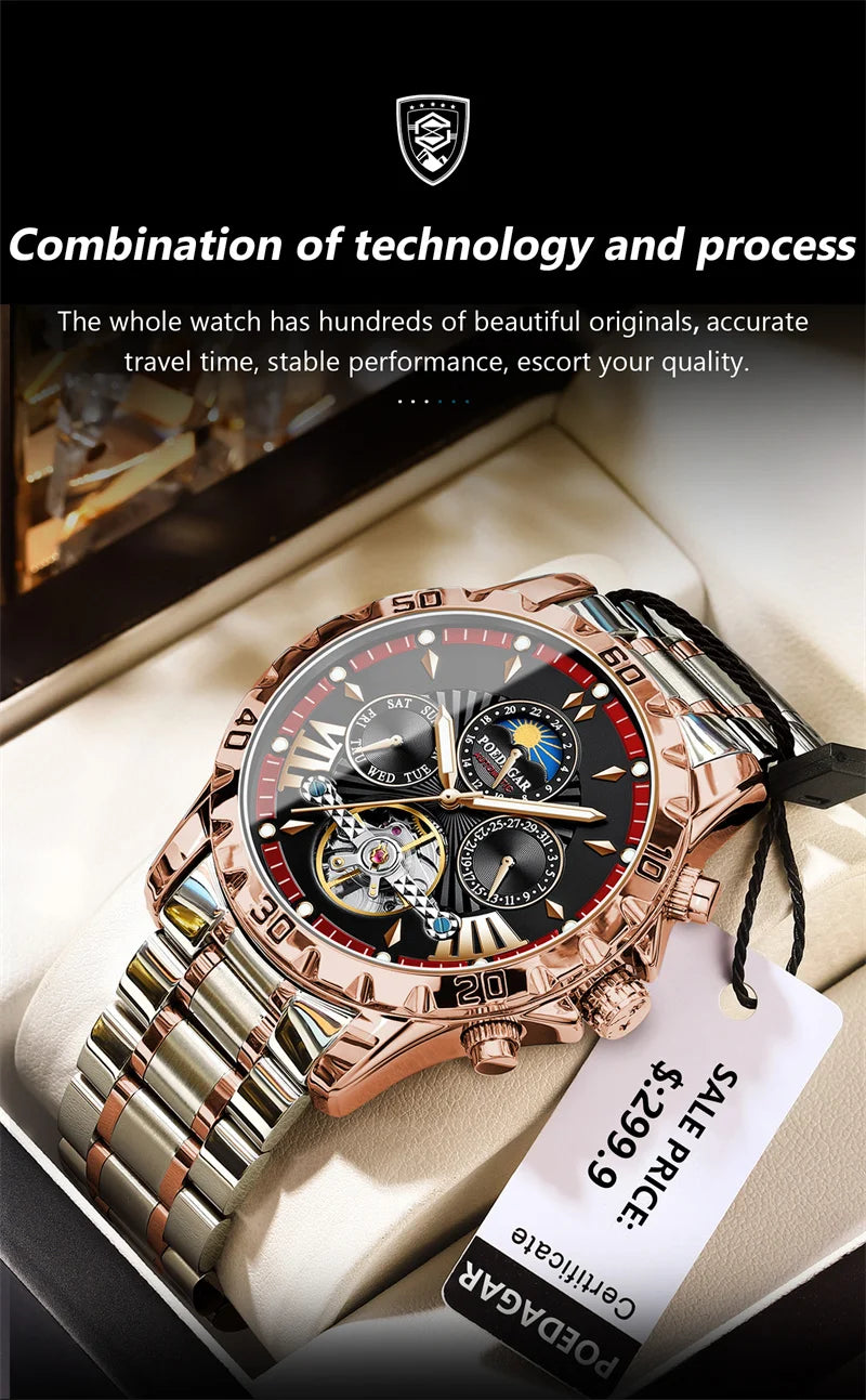 POEDAGAR Brand Luxury Tourbillon Mechanical Watch for Men Waterproof Luminous Date Week Stainless Steel Hollow Watches Men's