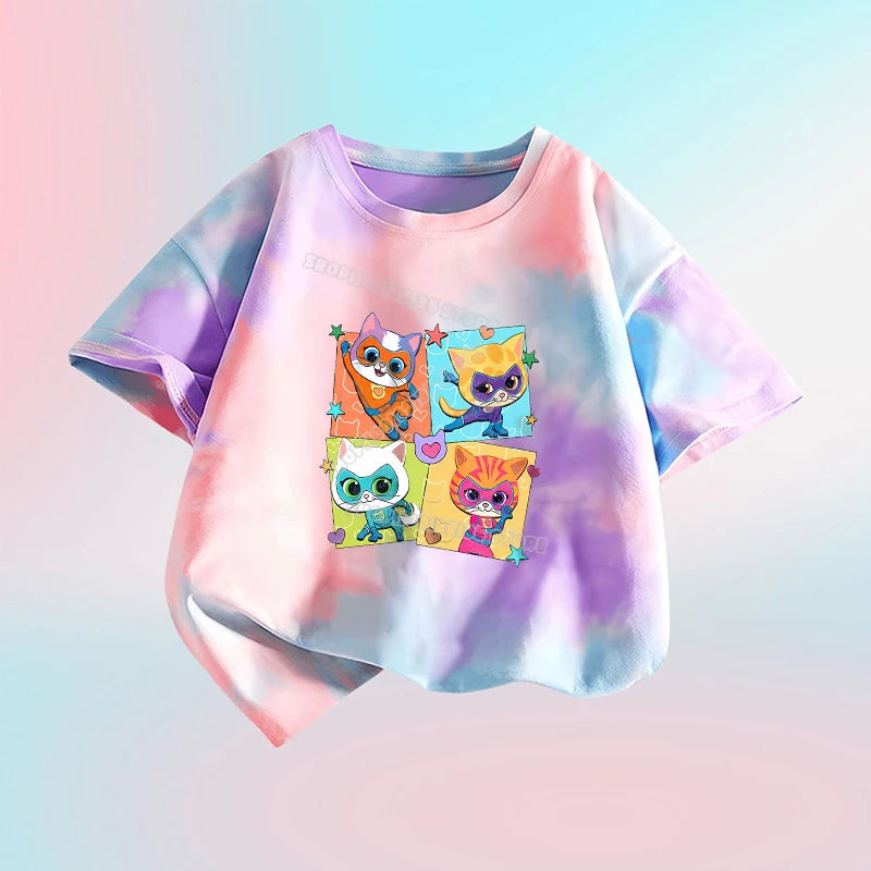Kawaii Super Kitties Children T-shirt Tops Baby Cute Cat Short Sleeve Casual Clothes Girl Kids Tie Dye Tops Clothing Shirts Gift