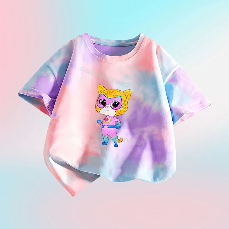 Kawaii Super Kitties Children T-shirt Tops Baby Cute Cat Short Sleeve Casual Clothes Girl Kids Tie Dye Tops Clothing Shirts Gift