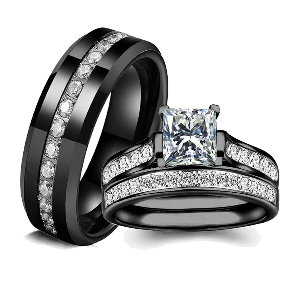 Fashion Couple Rings Women's White Rhinestones Zircon Ring Sets Men's Stainless Steel Zircon Stones Rings Wedding Band Jewelry