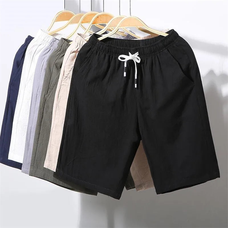Men Shorts Slim Fit 2025 Summer Cotton Linen Knee Length Breathable Male Clothing Pure Straight Shorts Big Size M-6XL 7XL white