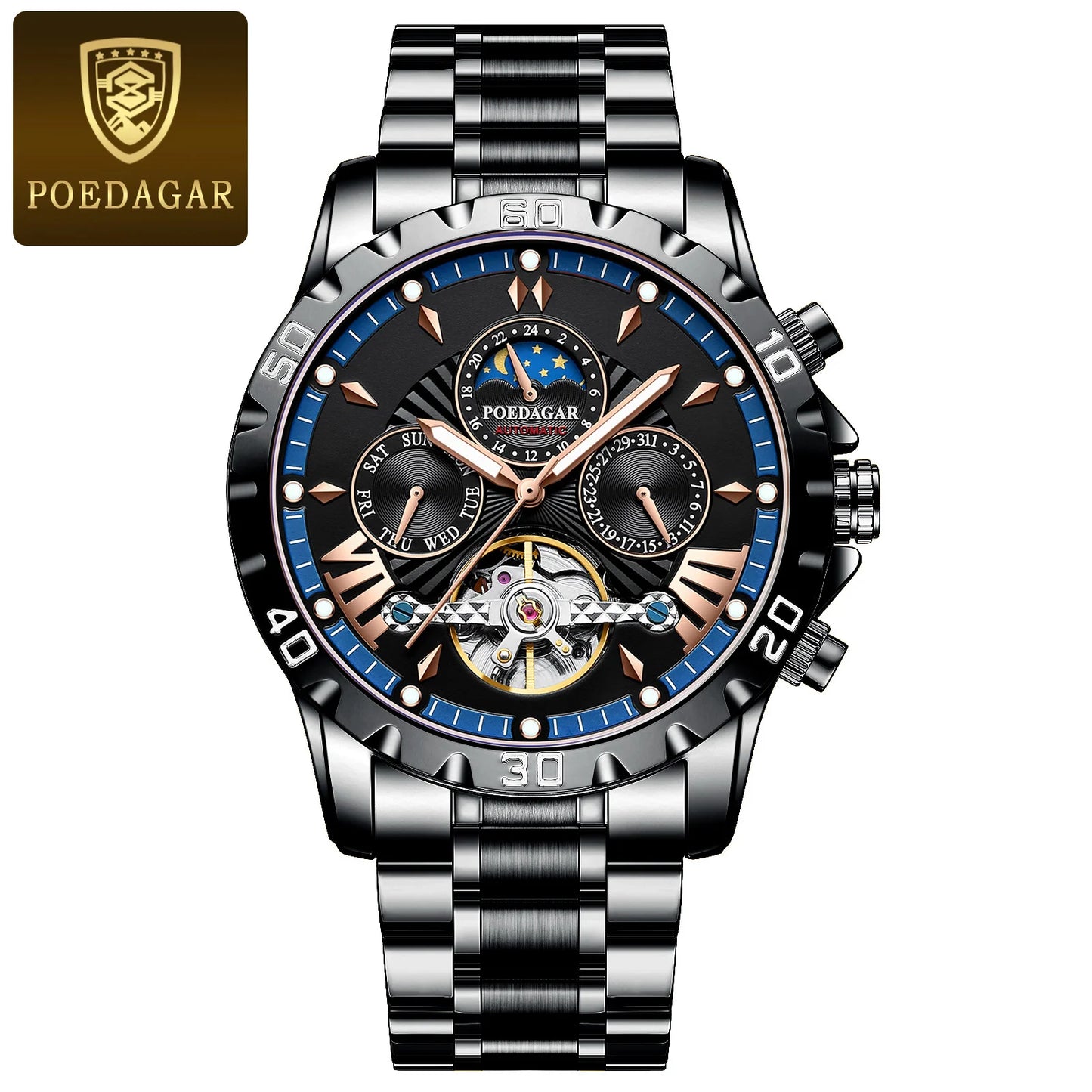 POEDAGAR Luxury Automatic Mechanical Wristwatch Waterproof Luminous Date Week Tourbillon Leather Men Watch Men's Fashion Watches