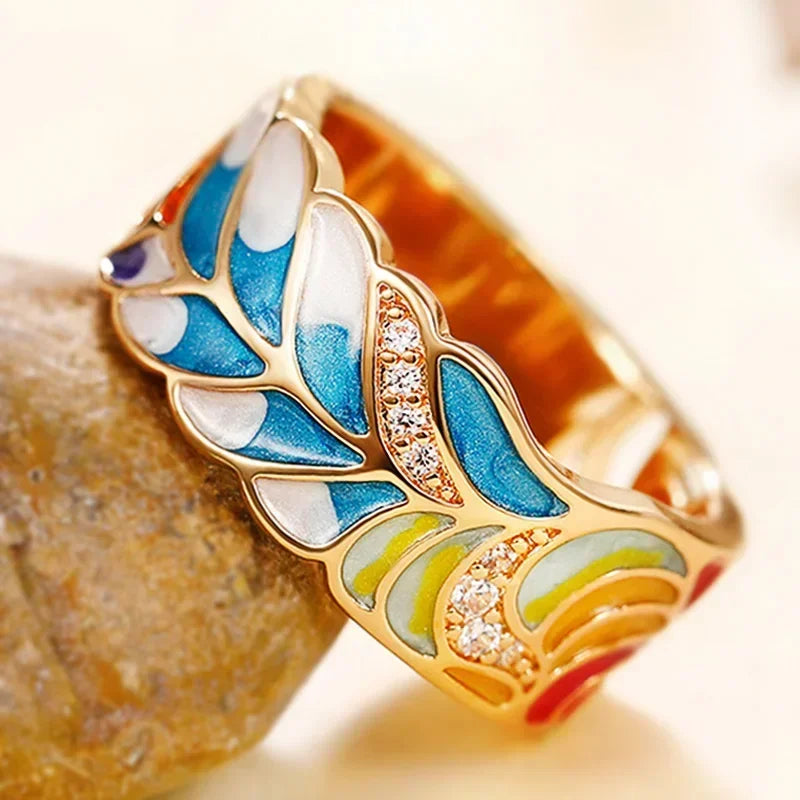 Huitan Newly Designed Colored Enamel Women Rings for Party Aesthetic Pattern  Luxury Gold Color  Fancy Gift Fashion Jewelry