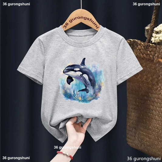 New Kids Tshirt Funny Killer Whale Graphic Dolphin Printed Boys Tshirt Fashion Trendy Boys/Girls Blue Gray Tshirt Tops Wholesale