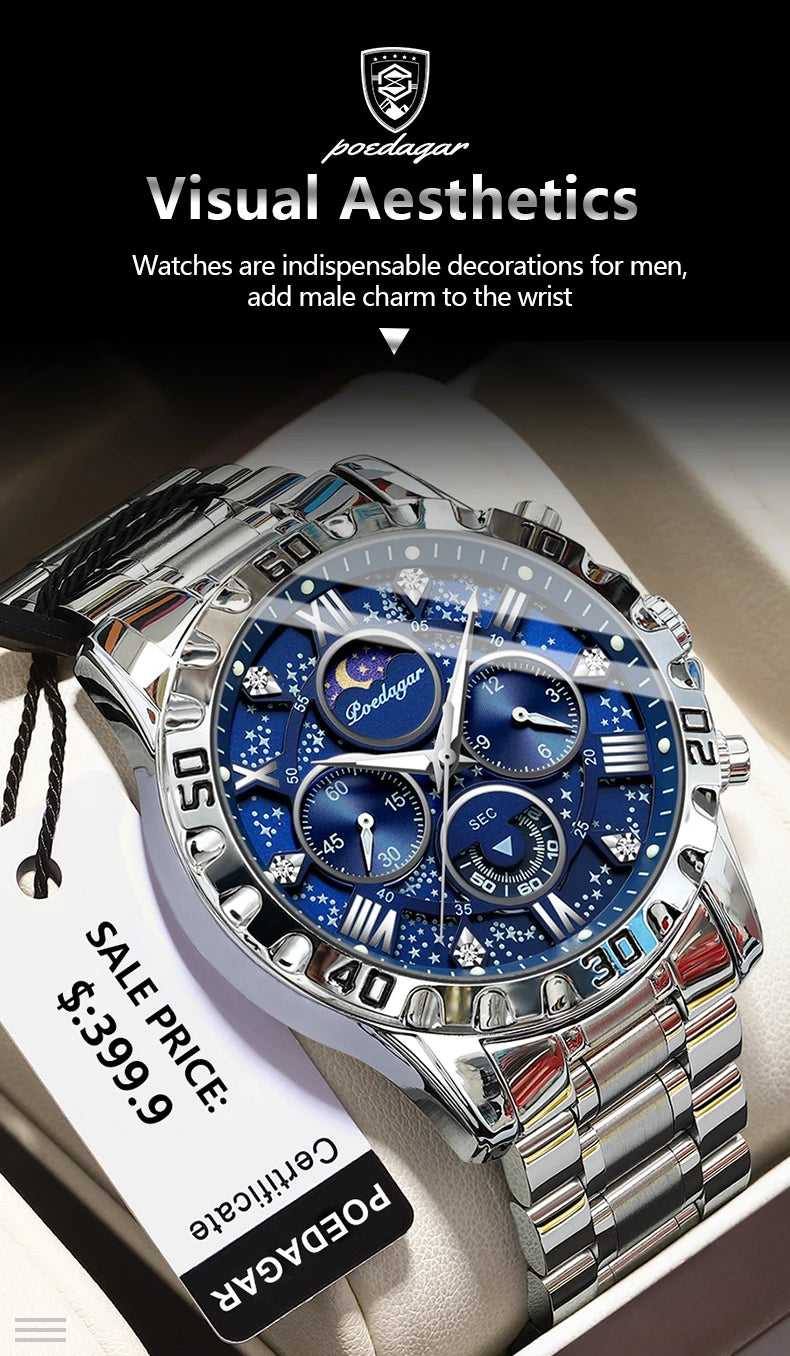 POEDAGAR Luxury Military Watches For Men Stainless Steel Quartz Waterproof Luminous Man Watch Chronograph Sport Men's Wristwatch