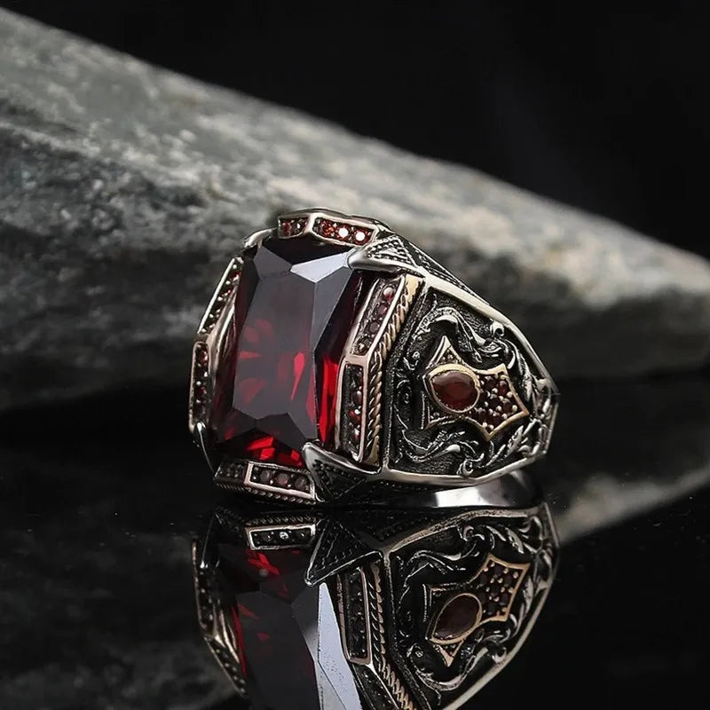 Business Men's Ring Vintage Hand Engraved Pattern Turkish Signet Ring for Men Fashion Set Red Stone Seal Islamic Muslim Jewelry