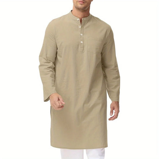 Inheritance of Ethnic Culture! Men's Long-Sleeve Thobe with Side Slits and Buttons, Classic Style of Traditional Ethnic Clothing