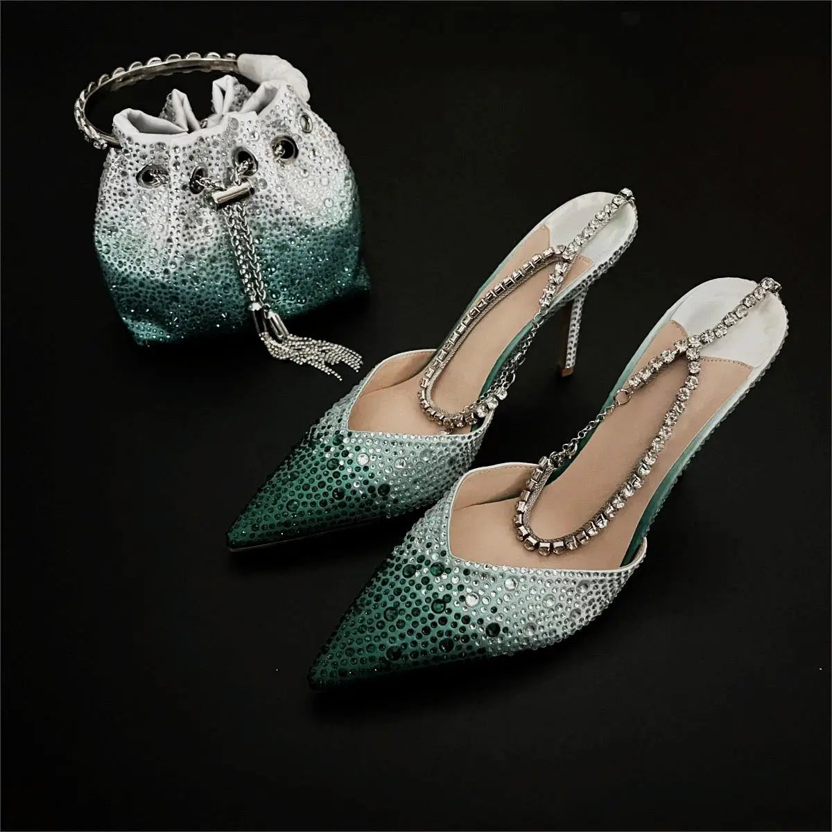 CHMURY Pointed Toe Rhinestone Heels and bag Set for Women Luxury Wedding Party