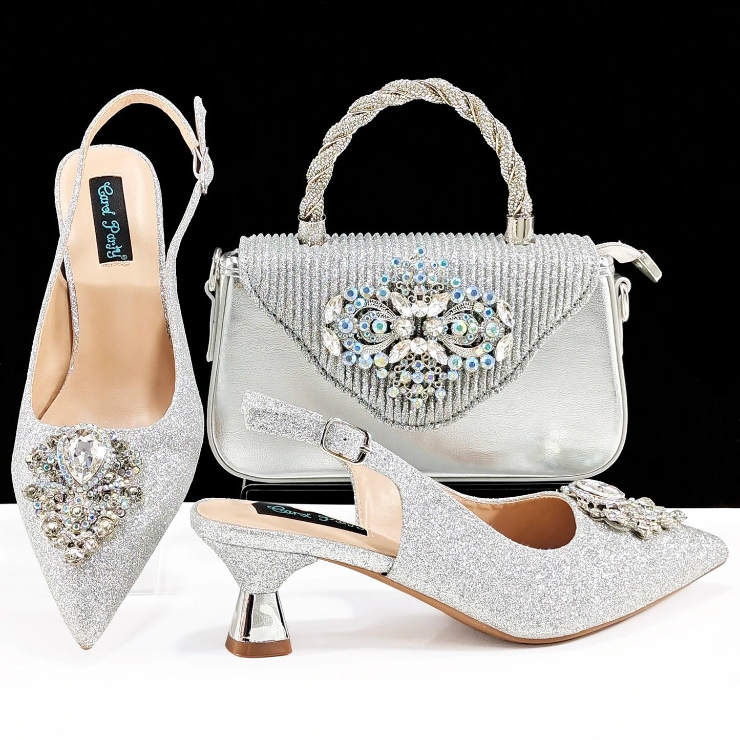 Italian Design Peach Color Pointed Toe Shoe & Bag Set Rhinestone Luxury  Women's High Heels for Parties By QSGFC