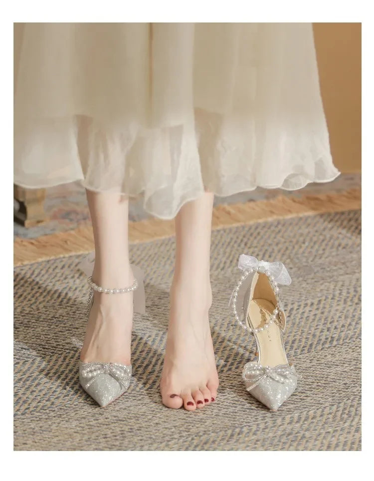 Women High Heeled Sandals Summer Fashion Bow Pearl Woman Pointed Toe Pumps Elegant Woman Sandals Party Lady Shoes