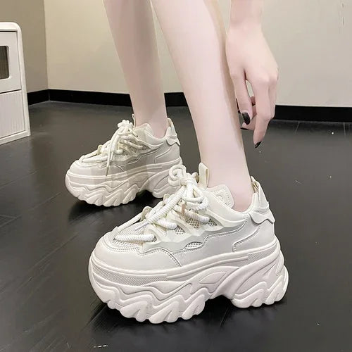 Hidden Heels White Chunky Sneakers Women Breathable Lace Up High Platform Shoes Woman 2025 Autumn Non-Slip Thick Bottom Sneakers
