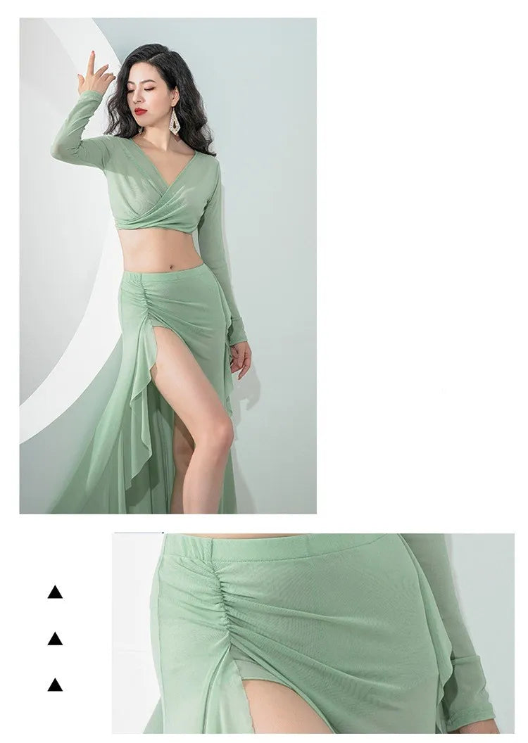 Women Oriental Dance Costume Dress 2 Piece Gauze Top Side Split Long Skirt Professional Dancer Performance Training Outfit New