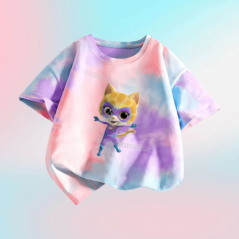 Kawaii Super Kitties Children T-shirt Tops Baby Cute Cat Short Sleeve Casual Clothes Girl Kids Tie Dye Tops Clothing Shirts Gift