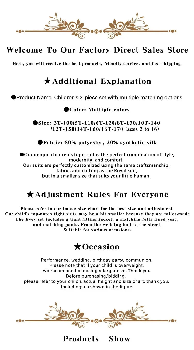 Classic Jacquard Kids 3 Piece Suit for Boys 3-16 Years Peak Lapel One Button Boy Suit Birthday Party Blazer Vest Pant Suit Set