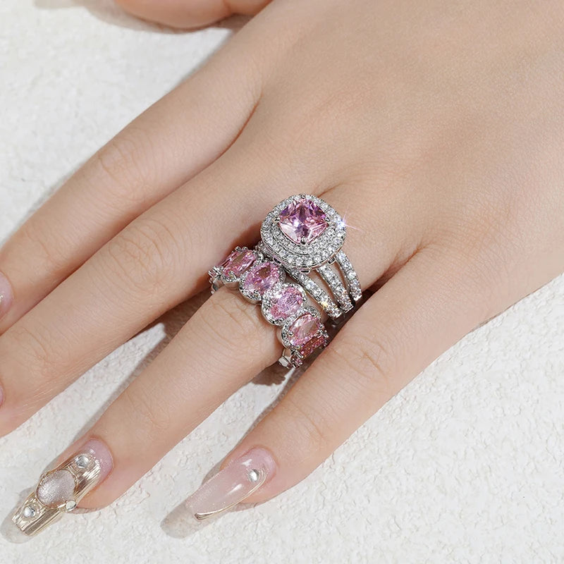 Huitan New Trendy Set Rings for Women Pink/White/Green/Black Cubic Zirconia Rings Gorgeous Wedding Accessories Eternity Jewelry