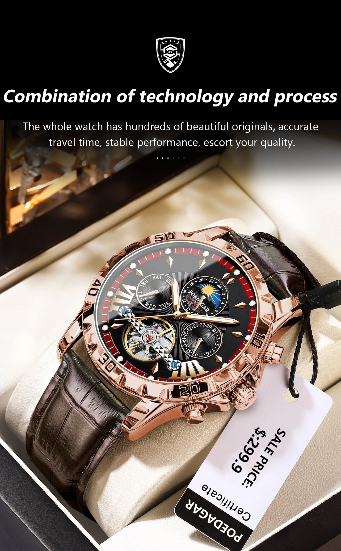 POEDAGAR Luxury Automatic Mechanical Wristwatch Waterproof Luminous Date Week Tourbillon Leather Men Watch Men's Fashion Watches