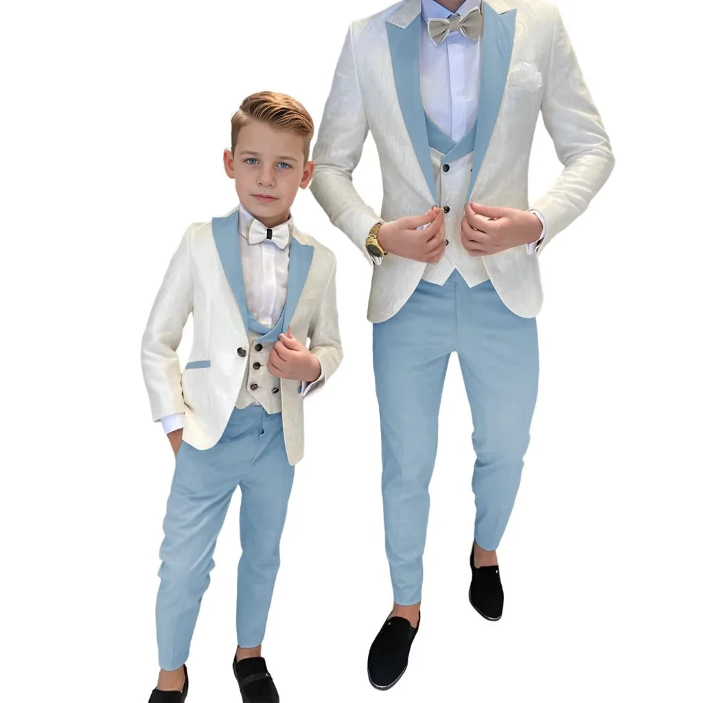 Classic Jacquard Kids 3 Piece Suit for Boys 3-16 Years Peak Lapel One Button Boy Suit Birthday Party Blazer Vest Pant Suit Set