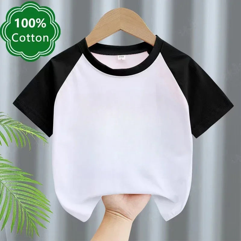 Kids T-shirt Summer Cotton Top Boys Girls Solid Color Blank T-shirt O Neck Round Neck Short Sleeve Pair of White Top T-shirt
