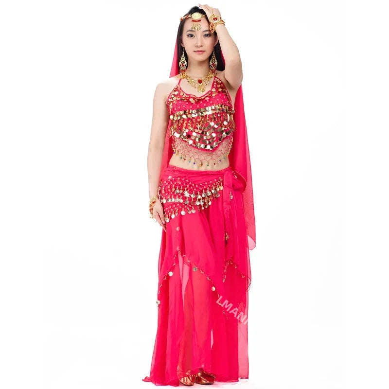 Indian Costume Set 4-pieces Belly Dance Veil Top Coins Hip Scarf Skirt Belly Dance Costume Women