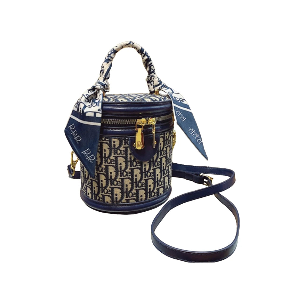 Lightweight Fabric Shoulder Bag, Blue/Black Letter Design, Detachable Strap & Scarf, Casual/Travel Bag for Women
