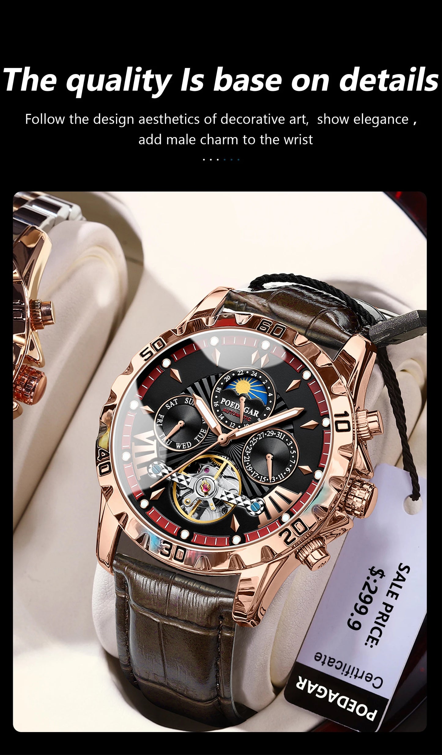 POEDAGAR Luxury Automatic Mechanical Wristwatch Waterproof Luminous Date Week Tourbillon Leather Men Watch Men's Fashion Watches