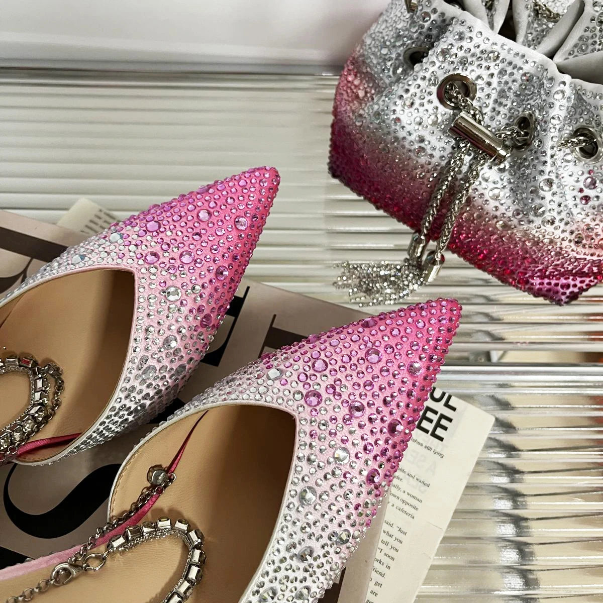 CHMURY Pointed Toe Rhinestone Heels and bag Set for Women Luxury Wedding Party