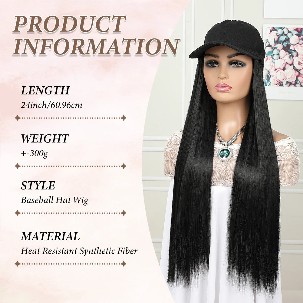 hat wig straight hair Synthetic Long Straight Baseball Cap with Hair Extensions 24 Inch High Quality fiber Adjustable Wig Hat for Women Girls