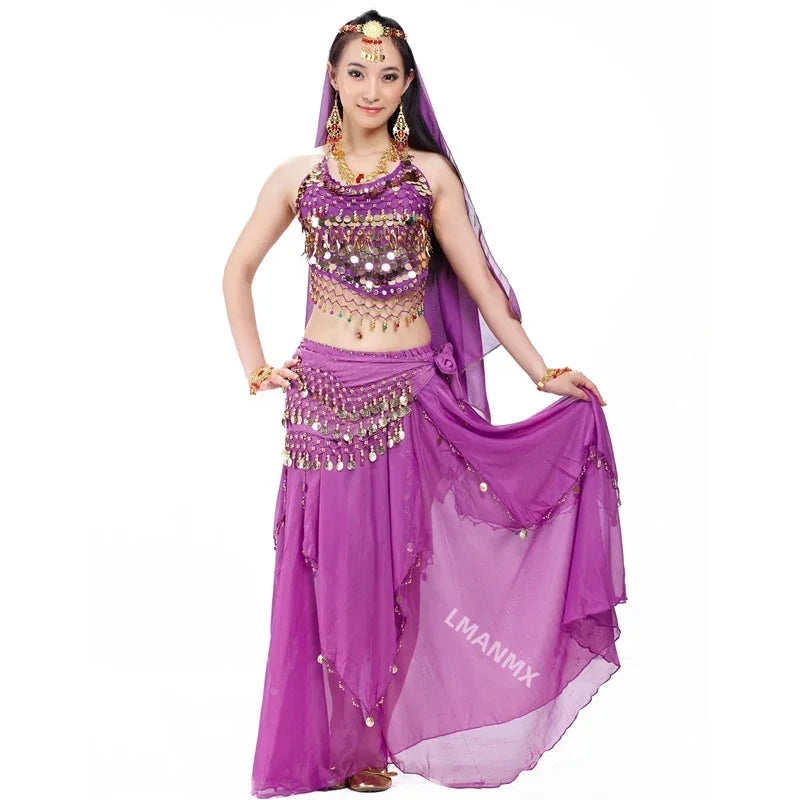 Indian Costume Set 4-pieces Belly Dance Veil Top Coins Hip Scarf Skirt Belly Dance Costume Women