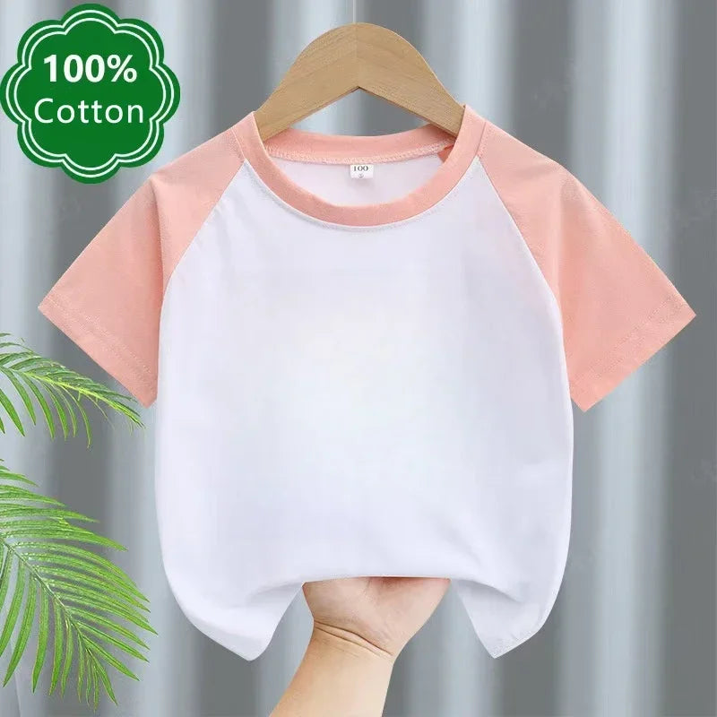 Kids T-shirt Summer Cotton Top Boys Girls Solid Color Blank T-shirt O Neck Round Neck Short Sleeve Pair of White Top T-shirt