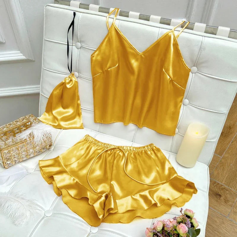 Fashion Sexy Underwear Set Women's 2 Pieces Sleepwear Pyjamas Silk Satin Bellyband Cami Top and Shorts Pajamas for Women Pijamas