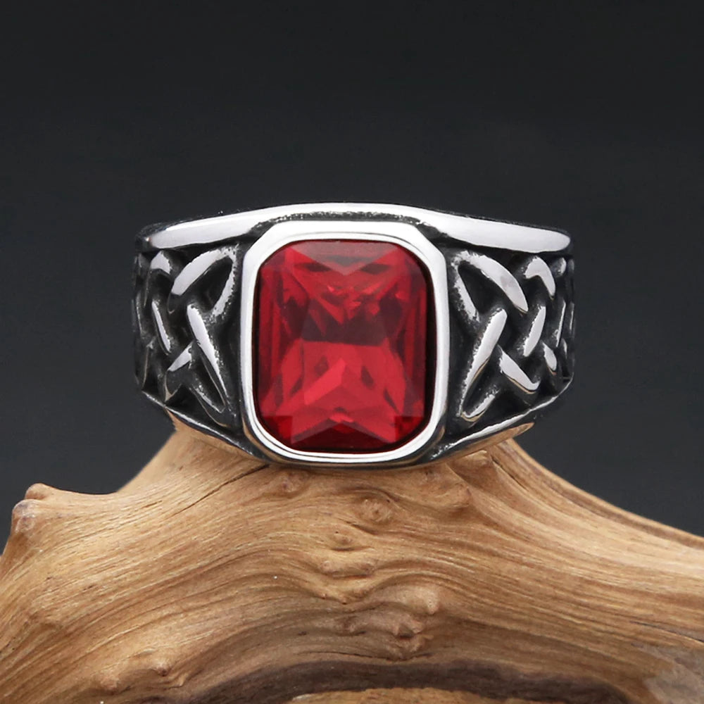 Punk Vintage Square Red Stone Signet Rings For Men Women Stainless Steel Nordic Vikings Knot Rune Ring Fashion Jewelry Wholesale