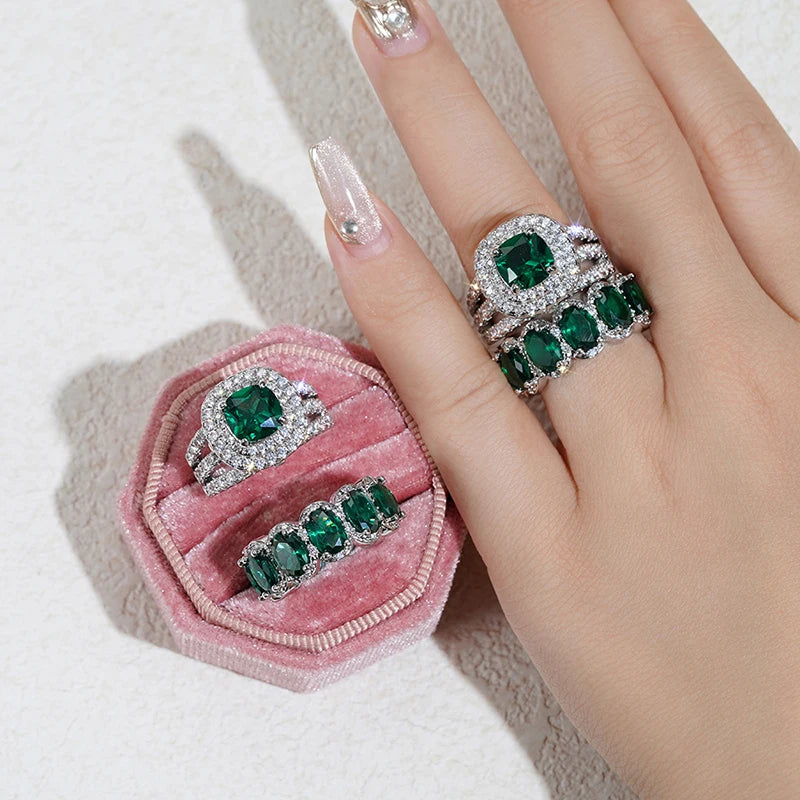 Huitan New Trendy Set Rings for Women Pink/White/Green/Black Cubic Zirconia Rings Gorgeous Wedding Accessories Eternity Jewelry