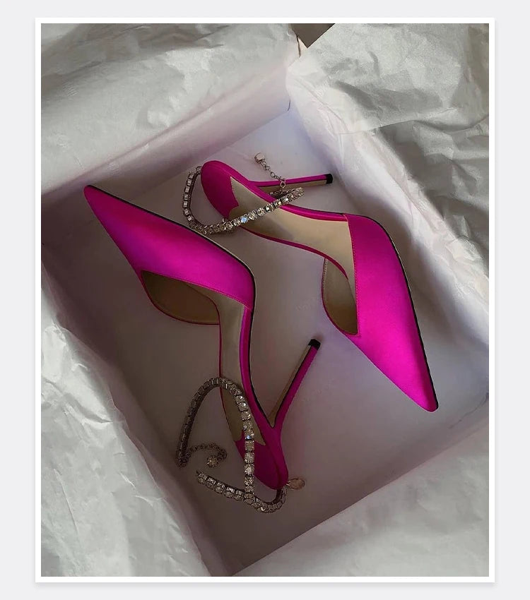 2025 New Mesh Hot Drilled Sexy Versatile Pointed Shallow Mouth Water Diamond Chain High Heels Baotou Sandals for Women