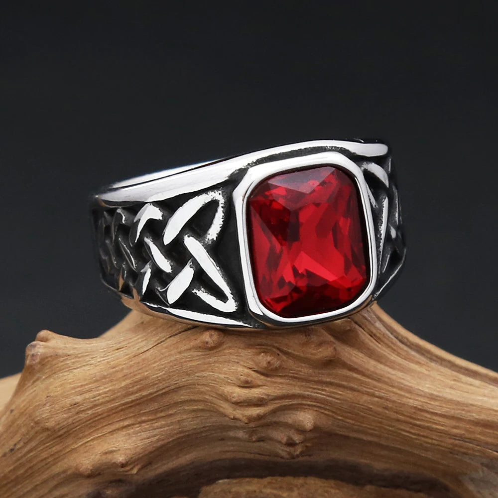 Punk Vintage Square Red Stone Signet Rings For Men Women Stainless Steel Nordic Vikings Knot Rune Ring Fashion Jewelry Wholesale