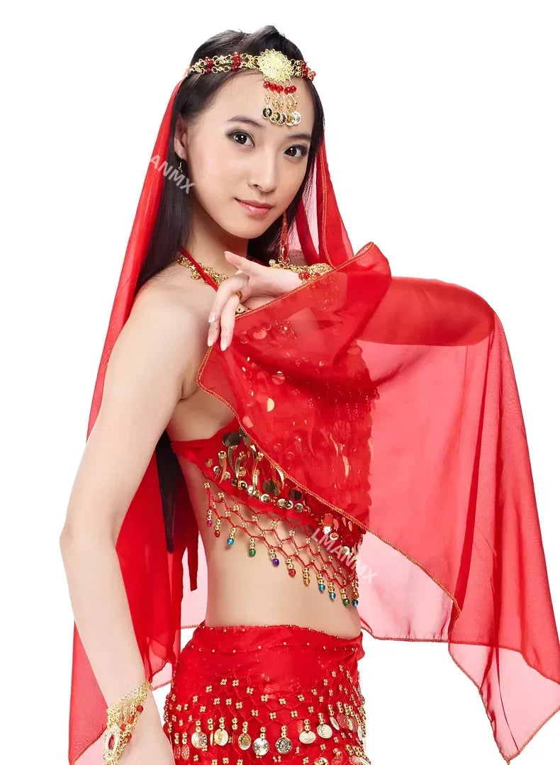 Indian Costume Set 4-pieces Belly Dance Veil Top Coins Hip Scarf Skirt Belly Dance Costume Women