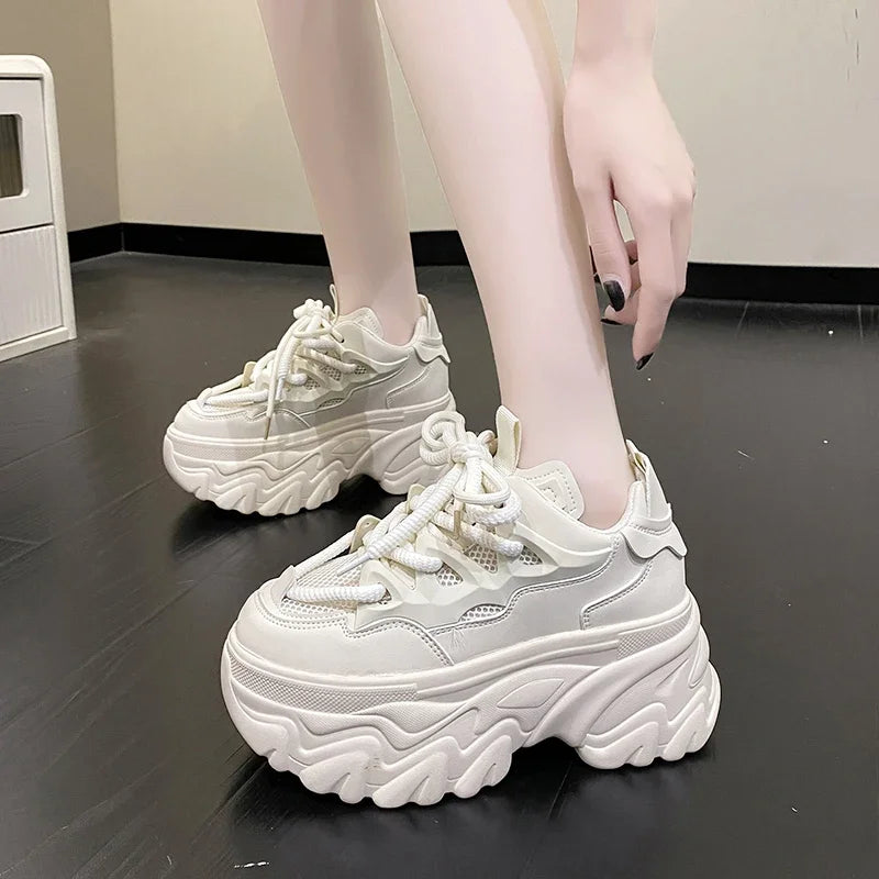 Hidden Heels White Chunky Sneakers Women Breathable Lace Up High Platform Shoes Woman 2025 Autumn Non-Slip Thick Bottom Sneakers