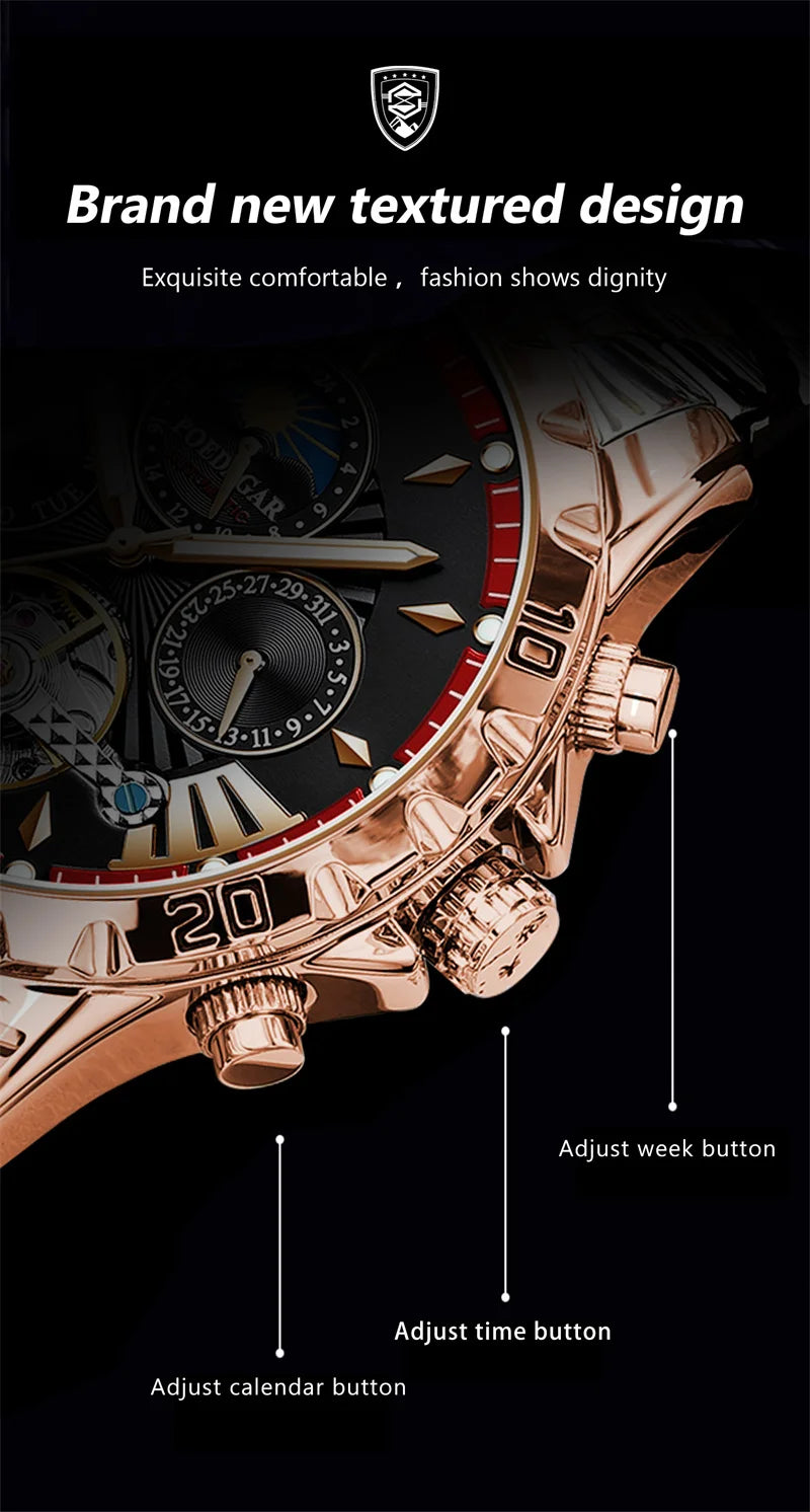 POEDAGAR Brand Luxury Tourbillon Mechanical Watch for Men Waterproof Luminous Date Week Stainless Steel Hollow Watches Men's