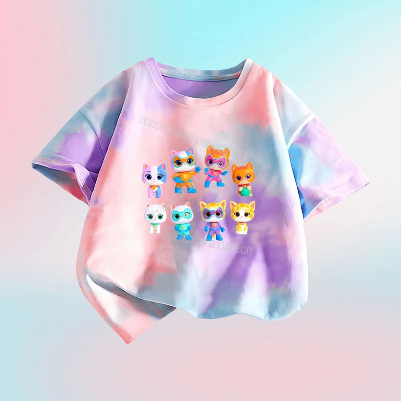 Kawaii Super Kitties Children T-shirt Tops Baby Cute Cat Short Sleeve Casual Clothes Girl Kids Tie Dye Tops Clothing Shirts Gift