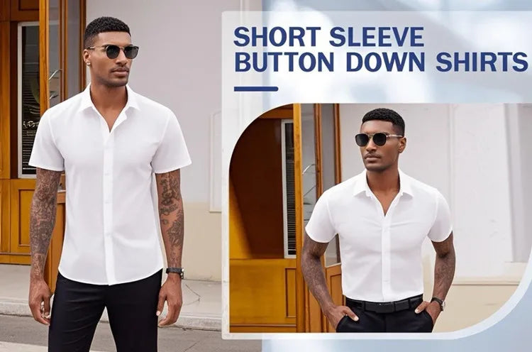 High Quality Summer Business Shirts For Men Short Sleeve Button Wrinkle Free Elasticity Social Black Office Dress Shirts US Size