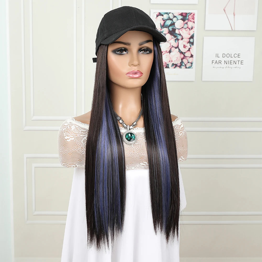 hat wig straight hair Synthetic Long Straight Baseball Cap with Hair Extensions 24 Inch High Quality fiber Adjustable Wig Hat for Women Girls