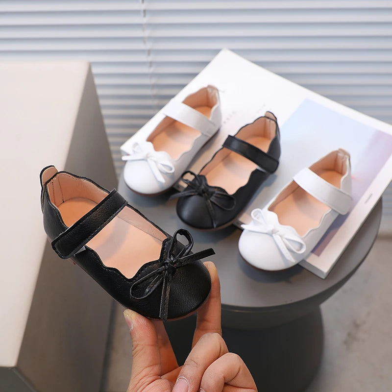 Little Girl's Princess Shoes Spring Black White Bowtie Cute Children Flat Shoe Shallow Matte Pu Leather Comfy Kids Shoe 21-30