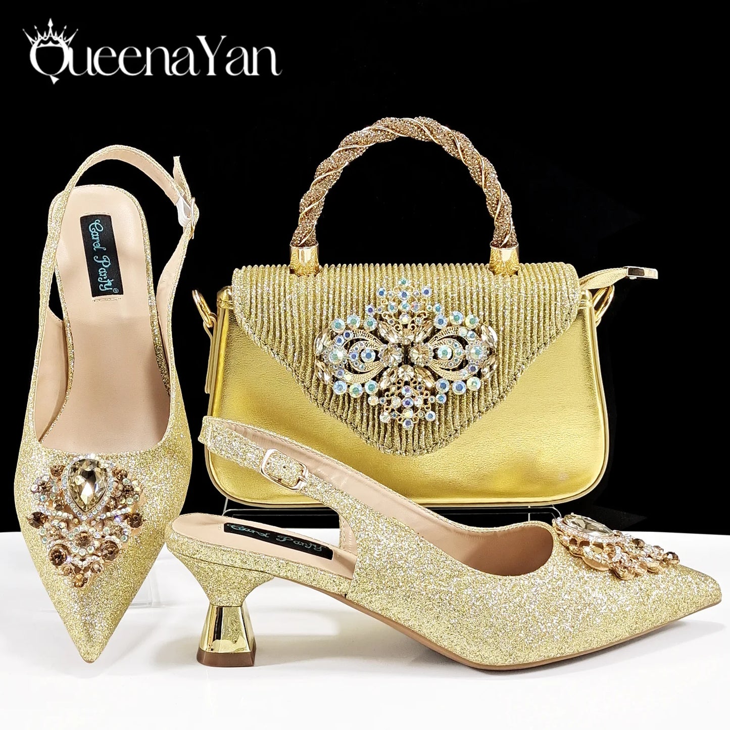 Italian Design Peach Color Pointed Toe Shoe & Bag Set Rhinestone Luxury  Women's High Heels for Parties By QSGFC