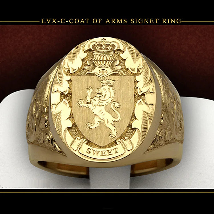 Luxury Gold Plated Coat of Arms Sweet Signet Engraved Ring For Mens Womens Hip Hop Dance Party Court Style Jewelry Gift