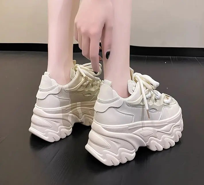 Hidden Heels White Chunky Sneakers Women Breathable Lace Up High Platform Shoes Woman 2025 Autumn Non-Slip Thick Bottom Sneakers