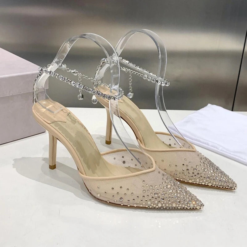 2025 New Mesh Hot Drilled Sexy Versatile Pointed Shallow Mouth Water Diamond Chain High Heels Baotou Sandals for Women