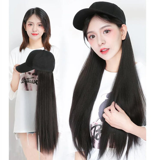 Long Straight Hat Wig Natural Brown Wigs Connect Synthetic Synthetic Baseball Cap Hair Wig Hat Wig Adjustable for Women
