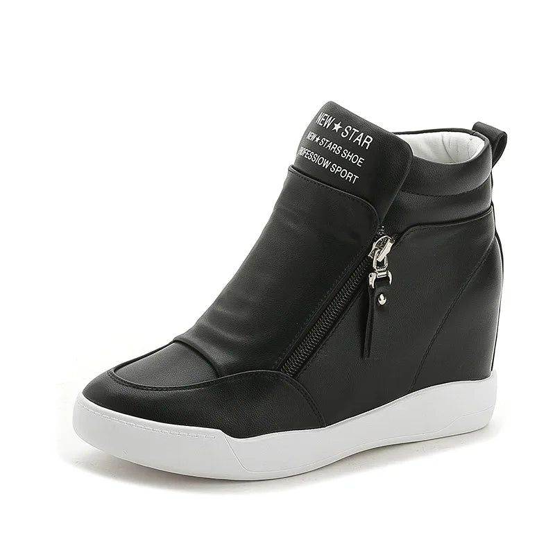 Women Casual Sneakers White PU Platform Shoes Ladies Wedge Sports Shoe Fashion Woman Black Chunky Side Zipper Vulcanized Shoes